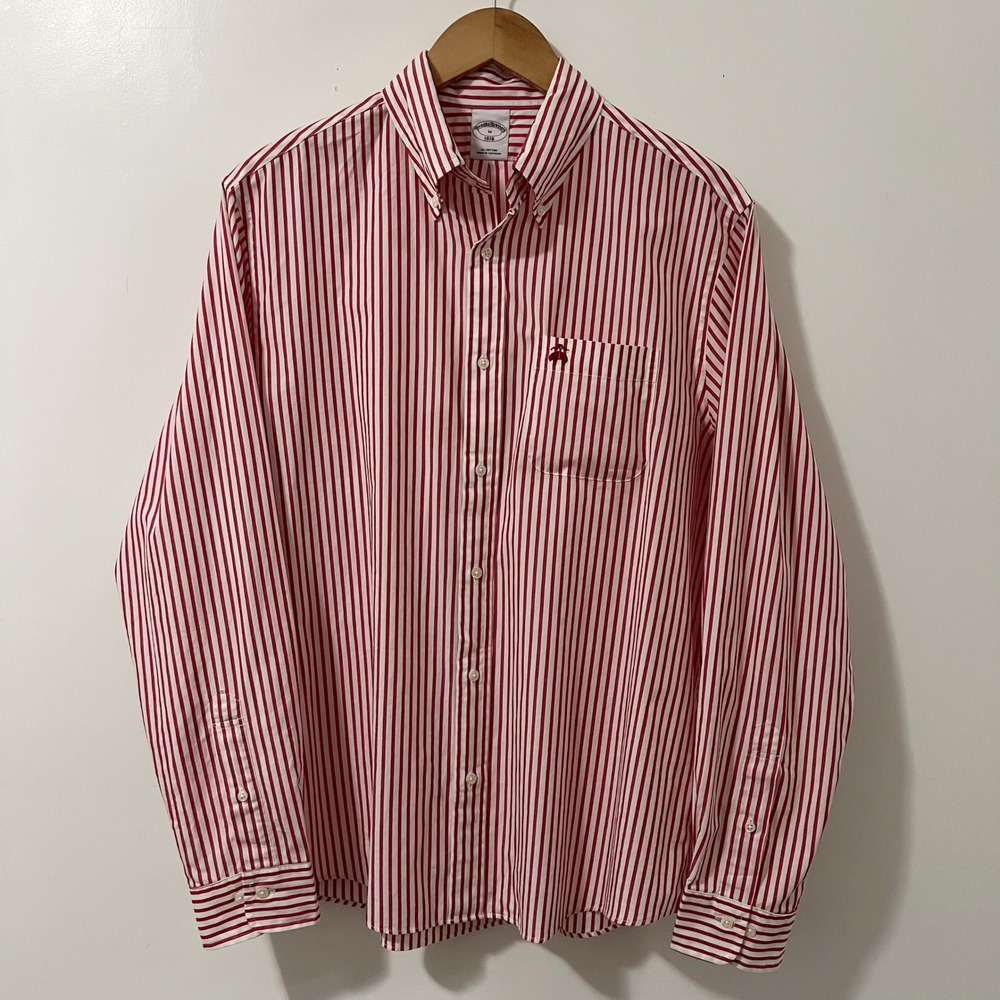 Brooks Brothers 1818 Mens Medium Red White Striped Cotton Button Down Shirt M